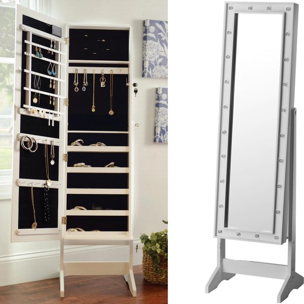 2 IN 1 MIRROR WITH LED LIGHTS JEWELLERY CABINET STAND STORAGE FLOOR