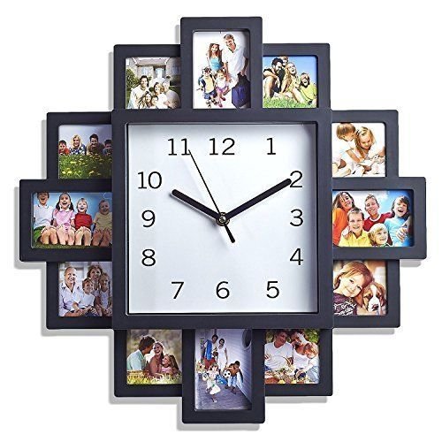 12 Multi Aperture Modern Collage Photo Family Picture Frame Time Wall Clock Direct2publik - Photo Wall Clock Frame