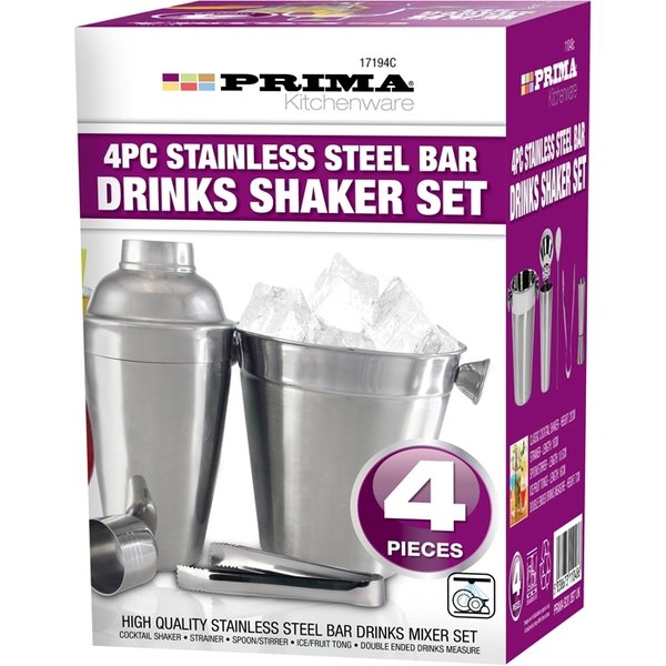 4PC COCKTAIL SET SHAKER BAR MIXER STAINLESS STEEL KIT DRINKS ICE BUCKET HOME NEW