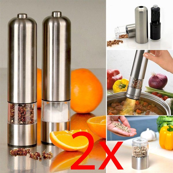 2 X LIGHT UP ELECTRIC SALT & PEPPER MILL STAINLESS STEEL ELECTRONIC GRINDER POTS
