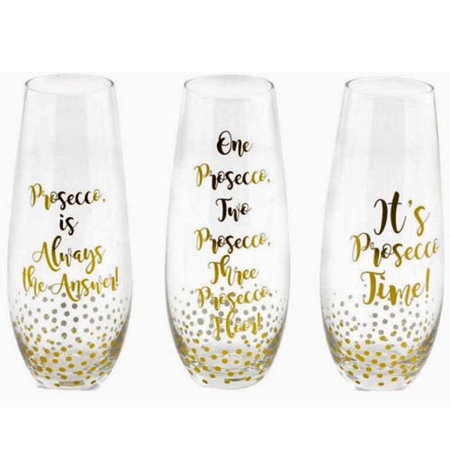 SET OF 3 PROSECCO STEMLESS FLUTES WINE GLASS GIFT CLEAR CHAMPAGN