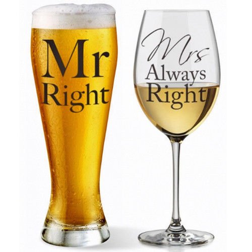MR MRS ALWAYS RIGHT BEER GLASS WINE CHAMPAGNE ANNIVERSARY WEDDING GIFT BOX NEW
