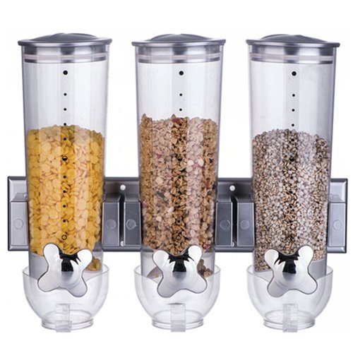WALL MOUNTED TRIPLE CEREAL DISPENSER DRY FOOD STORAGE CONTAINER PASTA SILVER NEW
