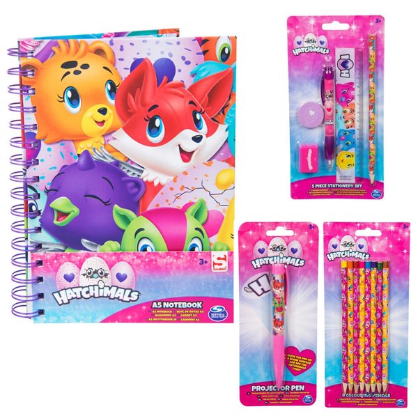 SET OF 4 HATCHIMALS COLOURING WRITING NOTEBOOK STATIONARY PROJECTOR PEN