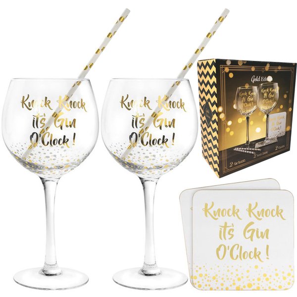 Knock Knock It's Gin O'Clock Tonic Glasses G & T Lovers Novelty Glass Gift Set