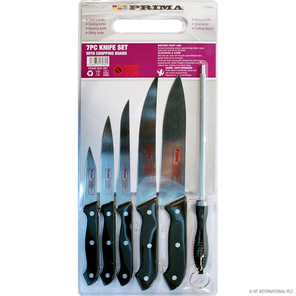 7pc Knife Set in Plastic Cutting Board D/Blister Card