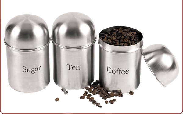 3PC CANISTERS COFFEE SUGAR TEA STAINLESS STEEL STORAGE JARS POT KITCHEN SET NEW …