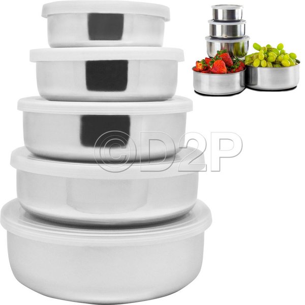 5PC STAINLESS STEEL BOWL SET WITH PLASTIC LIDS KITCHEN STORAGE CONTAINER NEW