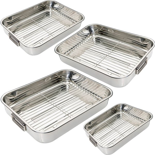 4PC STAINLESS STEEL ROASTING OVEN PAN DISH BAKING ROASTER TIN GRILL RACK + TRAY