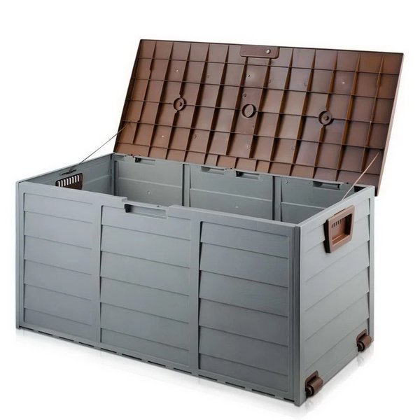 BROWN OUTDOOR GARDEN PLASTIC STORAGE SEAT UTILITY CHEST CUSHION SHED BOX TOOLS
