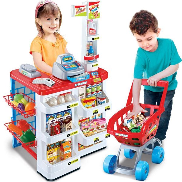 KIDS SUPERMARKET SHOP GROCERY PRETEND TOY TROLLEY PLAYSET LIGHT SOUND PLAY GIFT